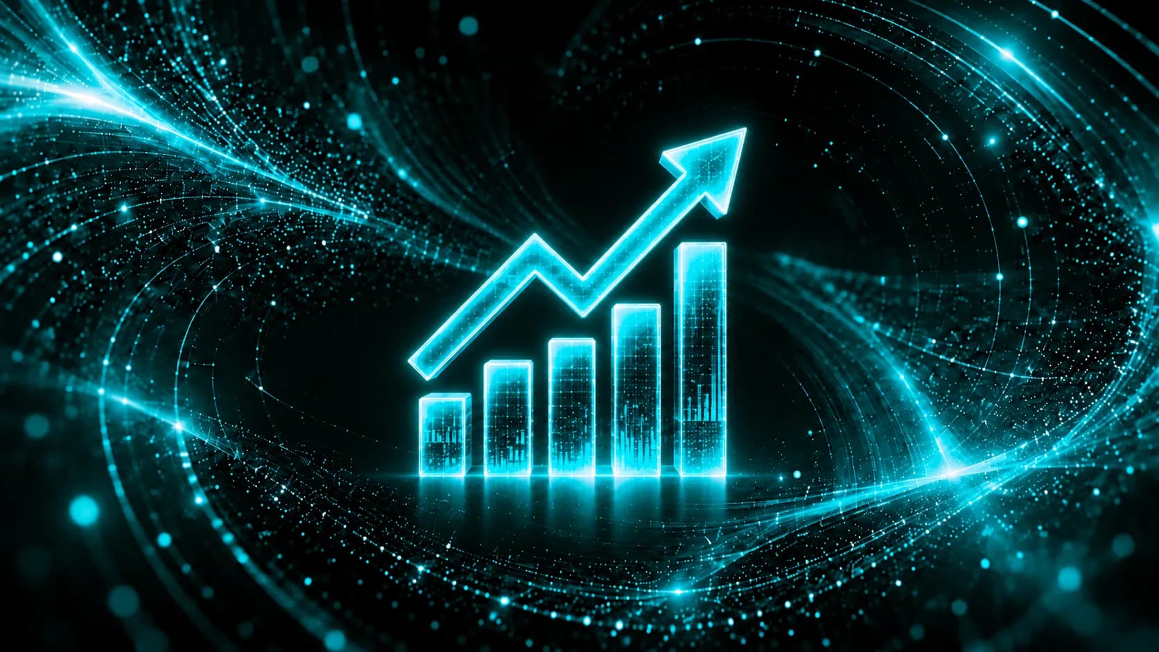 Glowing teal rising growth chart in a vortex of light particles
