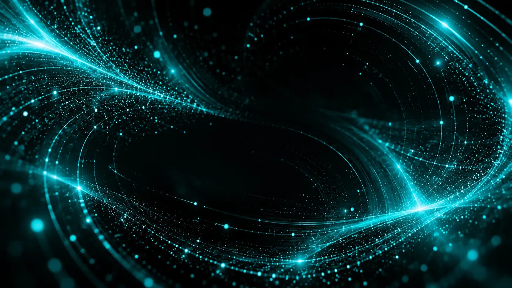 Teal streams of light and particles curving through darkness